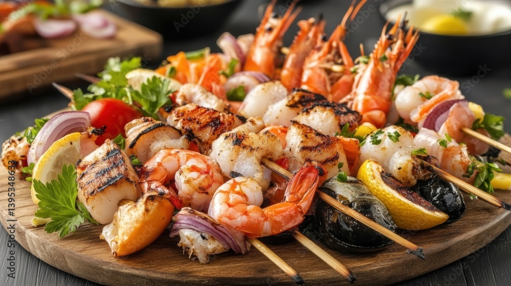 Grilled Seafood Skewers with Colorful Vegetables and Herbs Grilled Seafood Skewers with Colorful Vegetables and Herbs