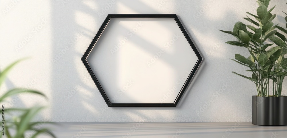 A glossy black metal frame with a hexagonal shape, subtly placed on a light gray wall, creating an interesting modern focal point.