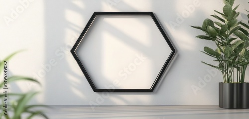 Obraz na płótnie A glossy black metal frame with a hexagonal shape, subtly placed on a light gray wall, creating an interesting modern focal point. w salonie