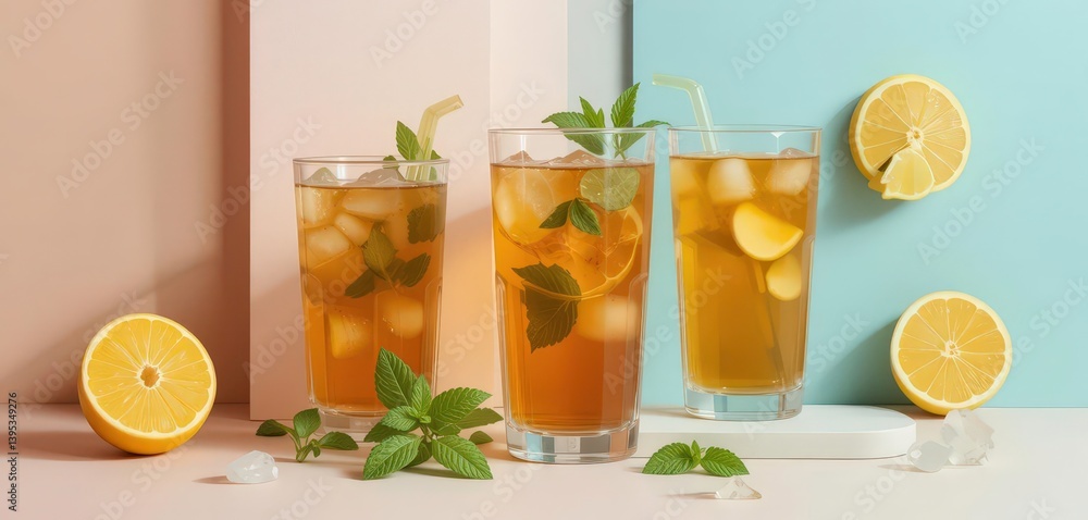 Fototapeta premium A Modern Take on a Classic Drink Iced Tea Presented with Minimalist Aesthetics, Highlighting the Beauty of Form and Function