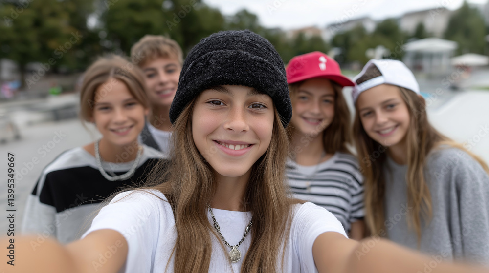 Obraz premium School pupils having blast together in summer, spontaneous selfie capturing joy, friends selfie, young people, skate park, summer fun, friendship concept, college students, teenagers, urban hangout,