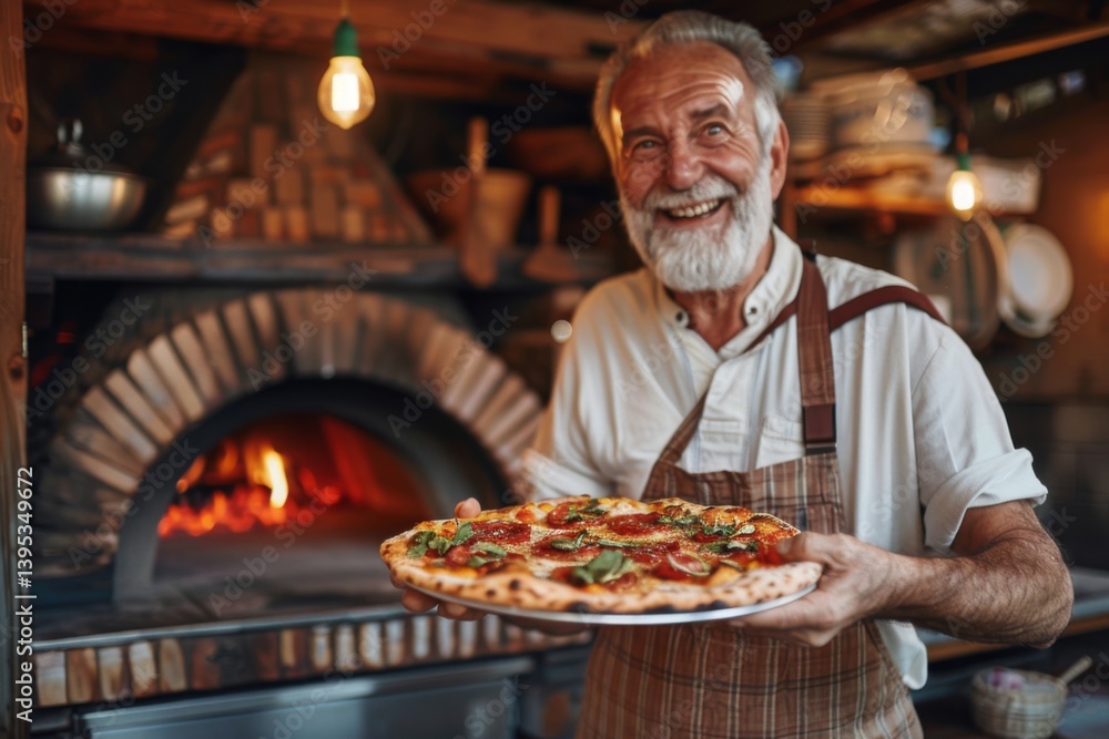 Smiling Mature man showing the pizza he just baked at his Italian Restaurant brick oven Smiling Mature man showing the pizza he just baked at his Italian Restaurant brick oven