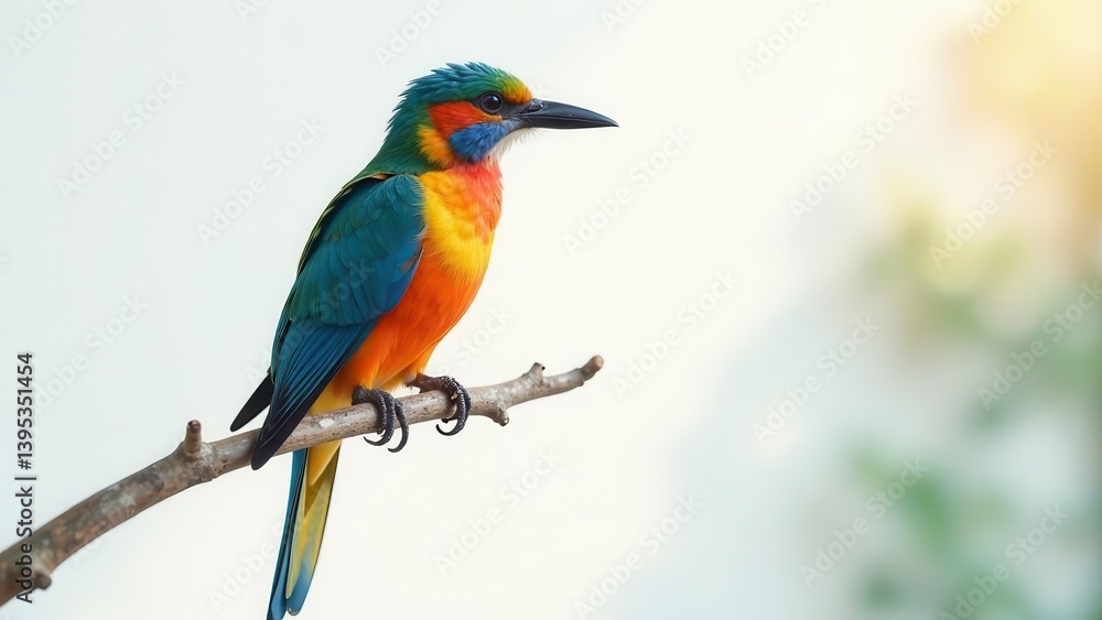 Fototapeta premium Vibrant Tropical Bird Perched on a Branch, Displaying Exquisite Plumage in a Soft, Natural Light