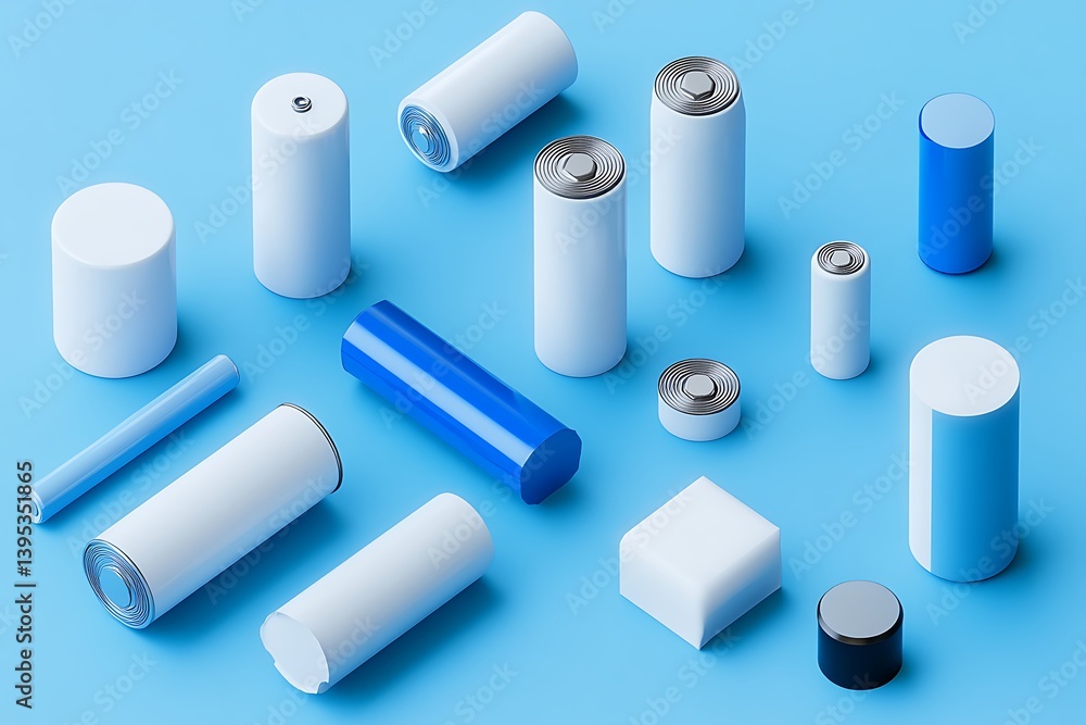 Isometric View of White and Blue Cylinders and Shapes on a Light Blue Surface Isometric View of White and Blue Cylinders and Shapes on a Light Blue Surface