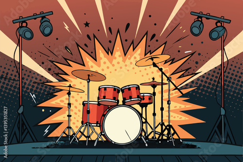 A vibrant, exploding drum kit vector illustration; bold lines, maximalist style, street setting.