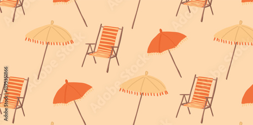 Seamless summer pattern with striped deck chairs and beach umbrellas. Hand-drawn crayon-style flat illustration in warm colors for branding, packaging, fabric, and background use.