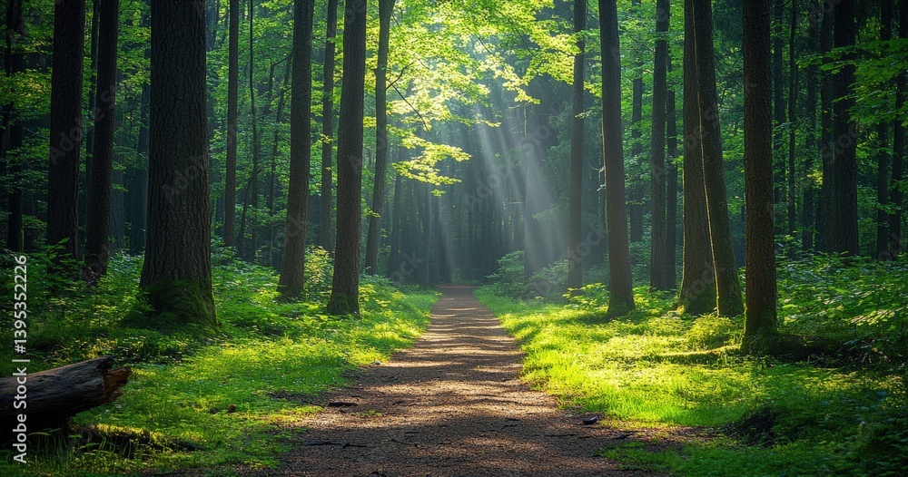 Obraz premium Sunbeams illuminating green forest path surrounded by trees