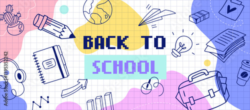 Back to school horizontal banner with doodle icons, grid paper, supplies, and pastel shapes, creative vector design for education season