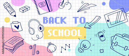 Creative back to school banner with hand-drawn icons, gadgets, charts, and pastel doodles on graph paper background, vector illustration