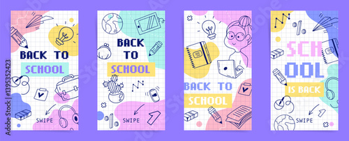 Social media stories templates set for back to school season with swipe arrows, creative doodles, pastel colors on checkered background