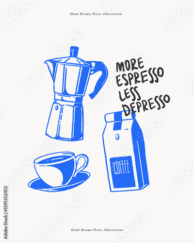 Coffee pot, coffee cup, and coffee package with handwritten phrase 'More espresso less depresso'. Hand-drawn vector illustration. Coffee break and caffeine addiction concept for design and print.