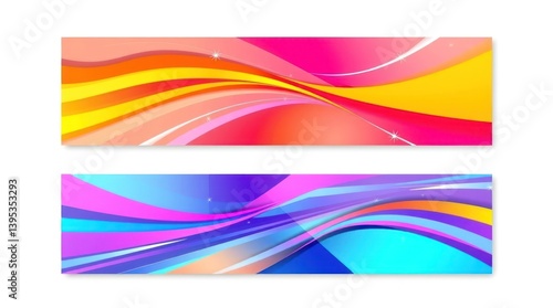 Colorful abstract banners with vibrant waves.  Two horizontal designs featuring dynamic curves and a blend of bright, saturated colors including pinks, yellows, oranges, and blues