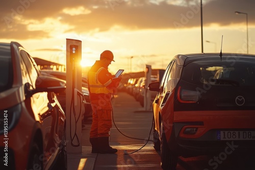 Worker Member Checks Electric Vehicle Charging Station at Sunset