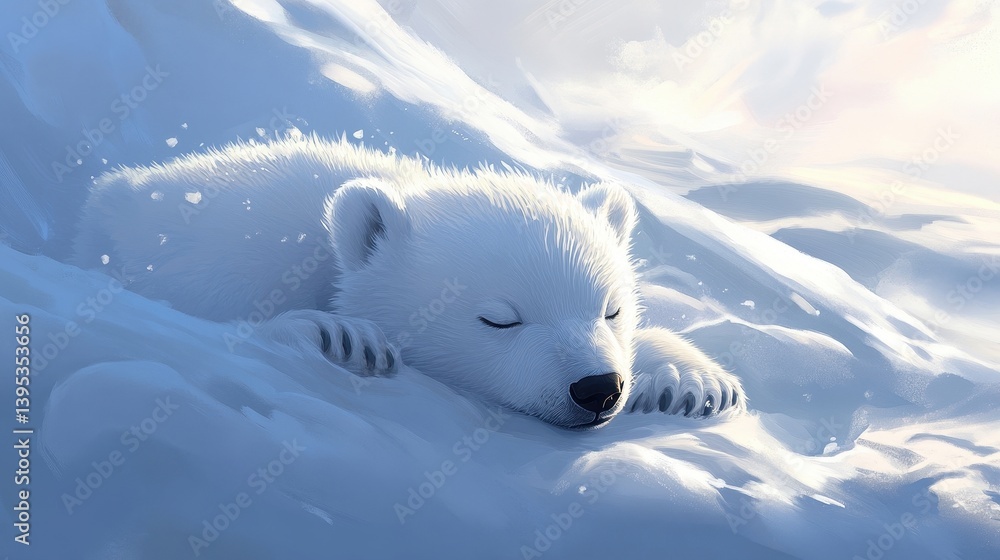 sleeping polar bear cub in snowy landscape sleeping polar bear cub in snowy landscape