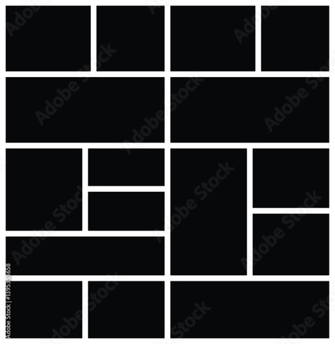 Empty grid photo collage template with black mosaic background layout. Geometric rectangular pattern for mood boards, picture albums, web design, and portfolio presentations.