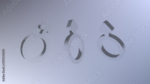 Dotwork pattern male symbol. Black noise stipple dots spear of mars. Sand grain effect. Black dots grunge banner, poster. 3d symbol from different angles. Grainy gradient noise dotwork pattern.