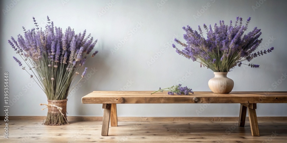 Fototapeta premium Rustic wooden bench displays two lavender bouquets, one in a vase and one tied