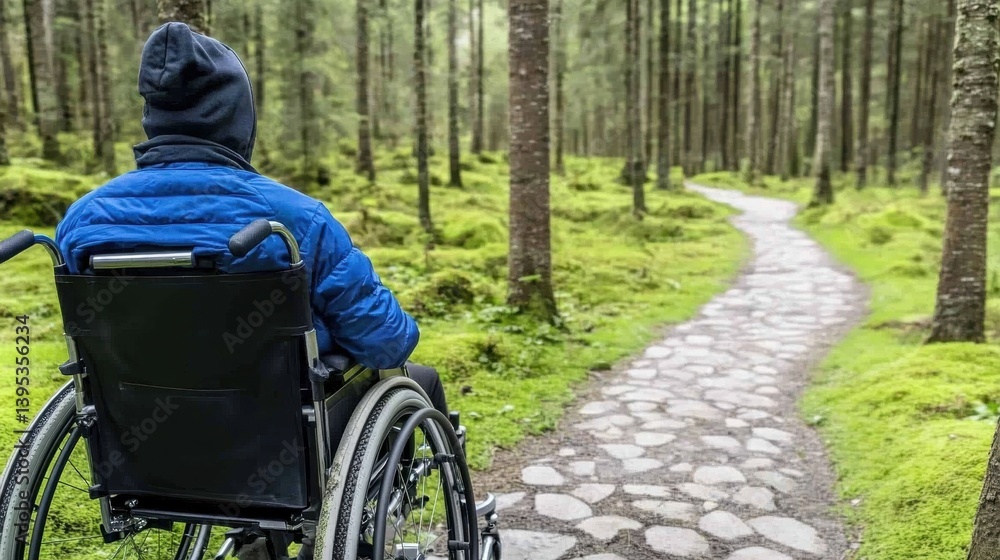 Fototapeta premium Person in wheelchair exploring serene forest pathway