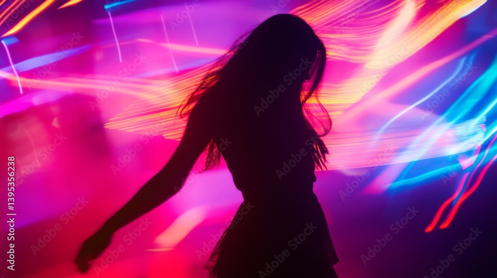Silhouette of a woman dancing gracefully amidst vibrant neon lights, capturing the energy and movement of a lively night scene. Silhouette of a woman dancing gracefully amidst vibrant neon lights, capturing the energy and movement of a lively night scene.