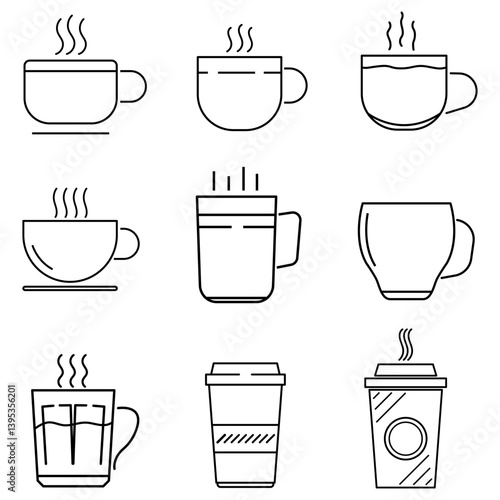 Set of vector icons of coffee mugs and cups on empty white background.