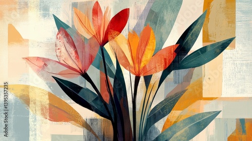 Abstract floral arrangement with orange and pink flowers against a geometric background.
