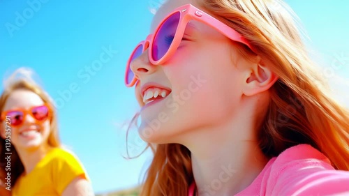 little happy girl smiling Young girl with curly red hair smiles brightly in a sunny outdoor setting surrounded by lush green foliage generated AI	child, hair, people, model, person, blonde,