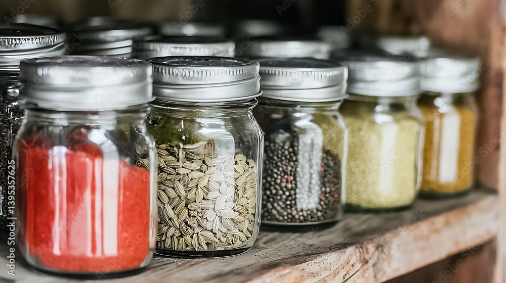 Colorful Spices in Jars on Wooden Shelf in Rustic Kitchen Colorful Spices in Jars on Wooden Shelf in Rustic Kitchen
