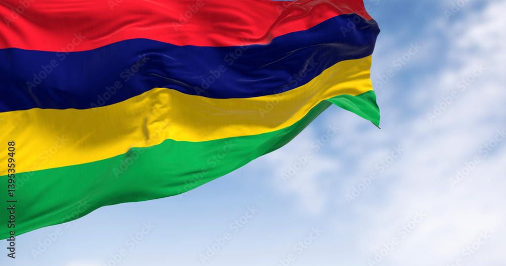 Mauritius national flag waving in wind with vibrant colors, 3D render Mauritius national flag waving in wind with vibrant colors, 3D render