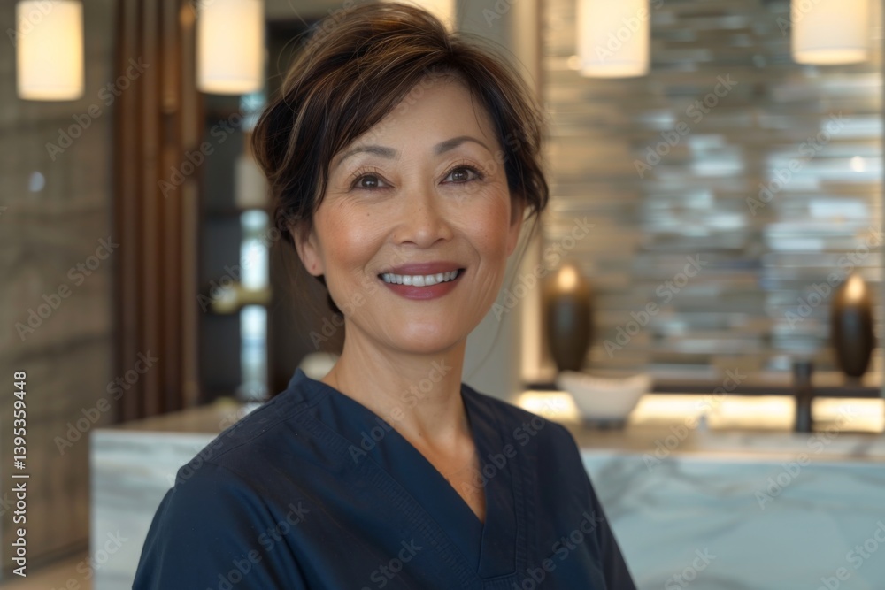 Smiling middle aged female Asian dentist in a modern dentists office portrait Smiling middle aged female Asian dentist in a modern dentists office portrait
