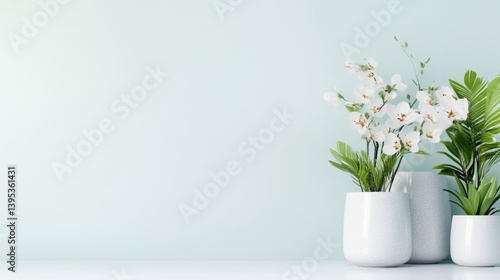 Wallpaper Mural Minimalist, pastel-toned interior scene with white orchids and potted plants Torontodigital.ca