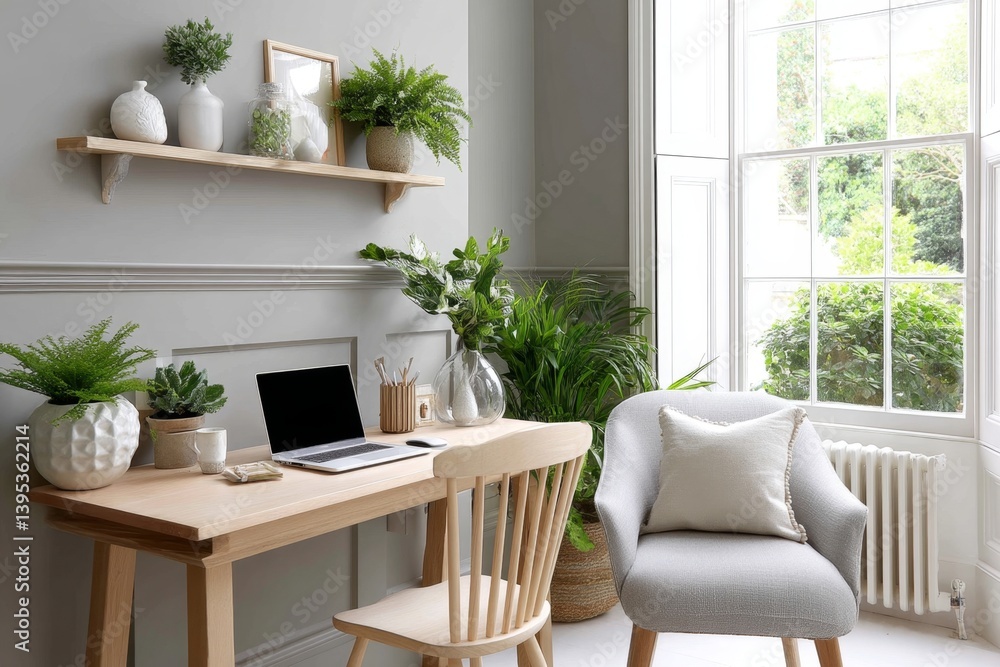 Fototapeta premium A cozy home office with a wooden desk, plants, and a MacBook open