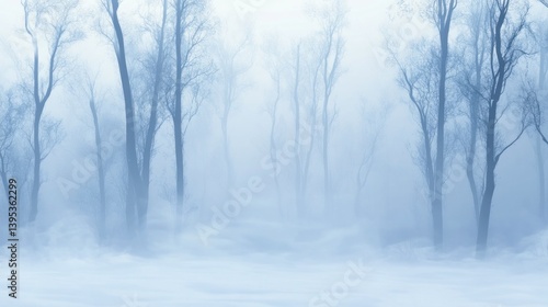 Misty winter forest scene with snow-covered ground and leafless trees.