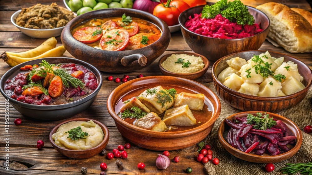 A Bountiful Harvest Feast Featuring Rustic Bowls of Savory Stews, Creamy Mashed Dishes, and Vibrant Beetroot Salads, Garnished with Fresh Herbs A Bountiful Harvest Feast Featuring Rustic Bowls of Savory Stews, Creamy Mashed Dishes, and Vibrant Beetroot Salads, Garnished with Fresh Herbs