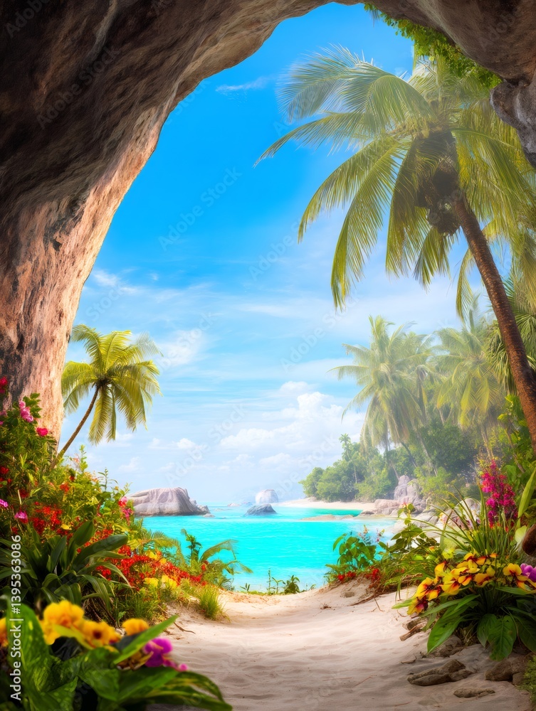 Fototapeta premium Exotic flowers frame a sandy path leading from a cave to a beautiful tropical beach with turquoise water and palm trees