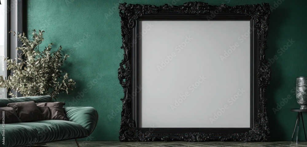 A large, empty black frame with intricate carvings placed asymmetrically on a deep green wall, its ornate detailing contrasting elegantly with the modern background.