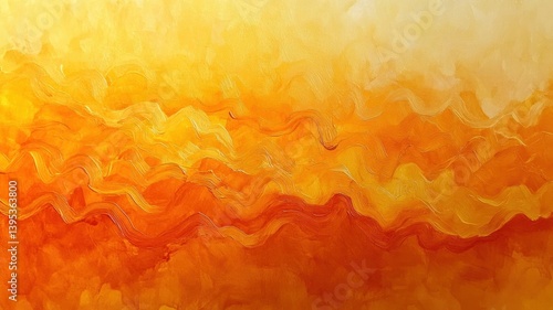 Abstract painting of waves in orange and yellow hues, warm and inviting.