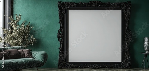 Obraz na płótnie A large, empty black frame with intricate carvings placed asymmetrically on a deep green wall, its ornate detailing contrasting elegantly with the modern background. w salonie