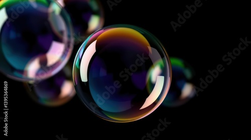 Colorful soap bubbles in motion against a black backdrop