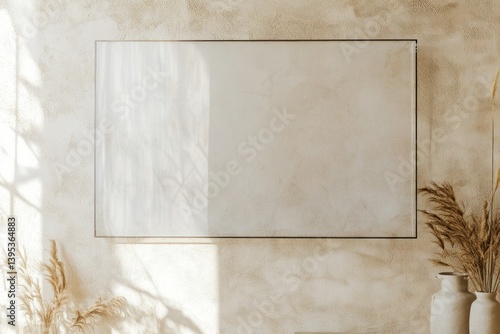 Obraz na płótnie A large frameless glass rectangle with smoky edges, placed on a textured, pale beige wall, evoking an understated modern aesthetic. w salonie