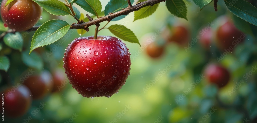 Obraz premium A Single Vibrant Red Apple Adorned with Sparkling Water Droplets, Hanging from a Branch in an Impressionistic Painting.