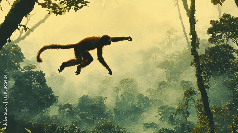 monkey leaping through lush rainforest canopy