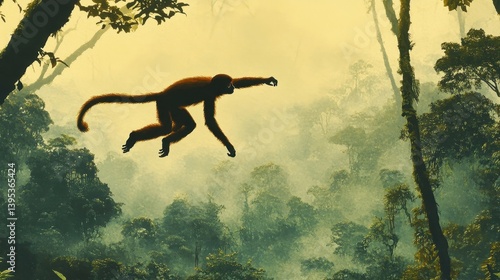Obraz na płótnie monkey leaping through lush rainforest canopy w salonie