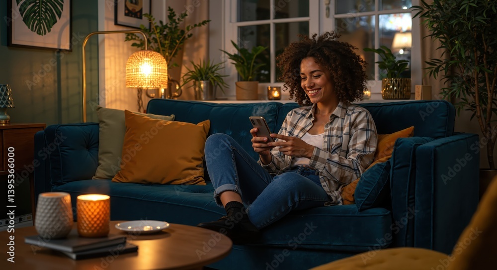 Obraz premium Woman smiling while using smartphone in a cozy living room
