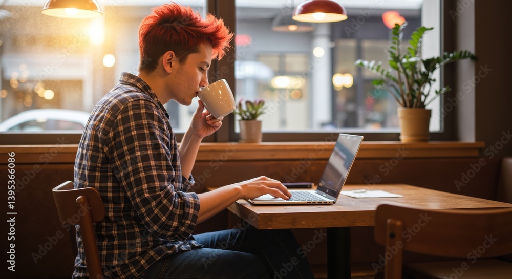 Fototapeta premium Young person enjoying coffee and working on laptop in cozy cafe 