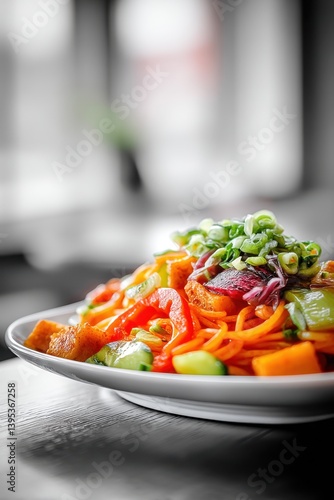 A colorful plate of noodles topped with vibrant vegetables, showcasing a fresh and appetizing dish in a blurred background.