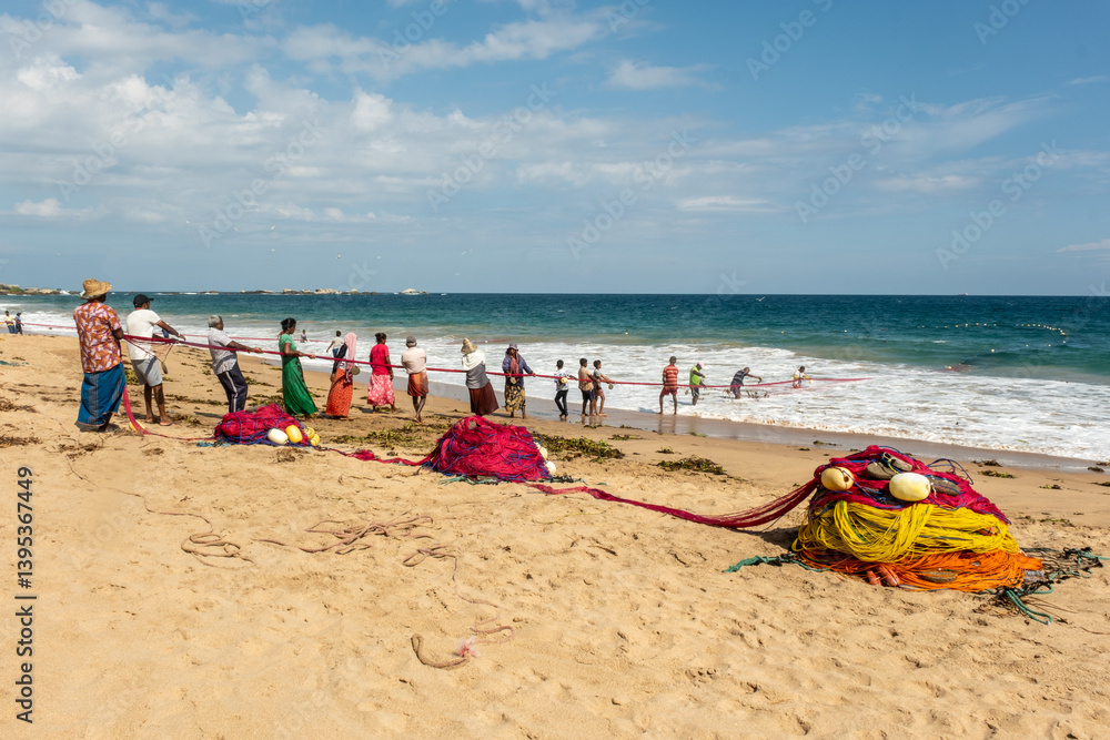Fishermen Pulling Fishing Nets at Beach in Sri Lanka Fishermen Pulling Fishing Nets at Beach in Sri Lanka