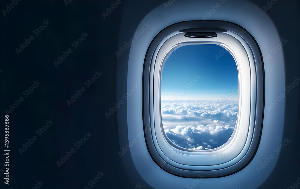 A serene view from an airplane window, showcasing fluffy clouds against a bright blue sky, embodying the essence of travel. A serene view from an airplane window, showcasing fluffy clouds against a bright blue sky, embodying the essence of travel.