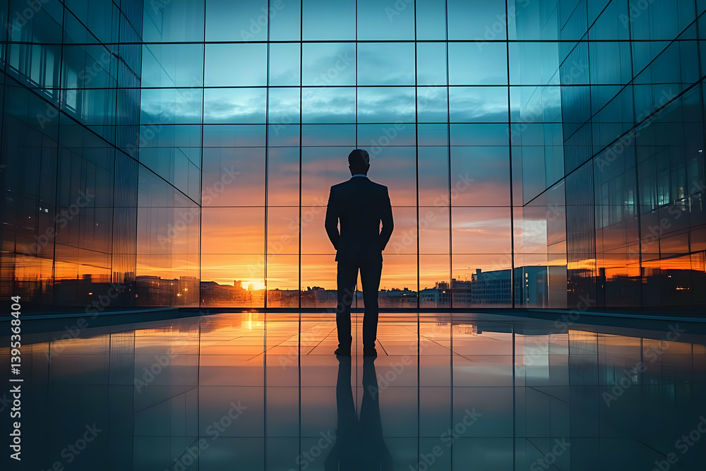 A silhouetted businessman stands in front of a large glass window, admiring a stunning sunset over the city skyline. A silhouetted businessman stands in front of a large glass window, admiring a stunning sunset over the city skyline.