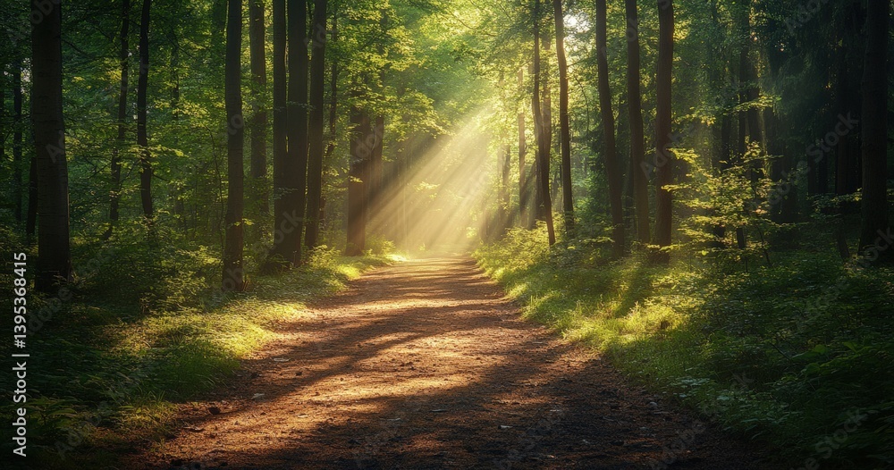 Obraz premium Sunlight filtering through trees illuminating forest path