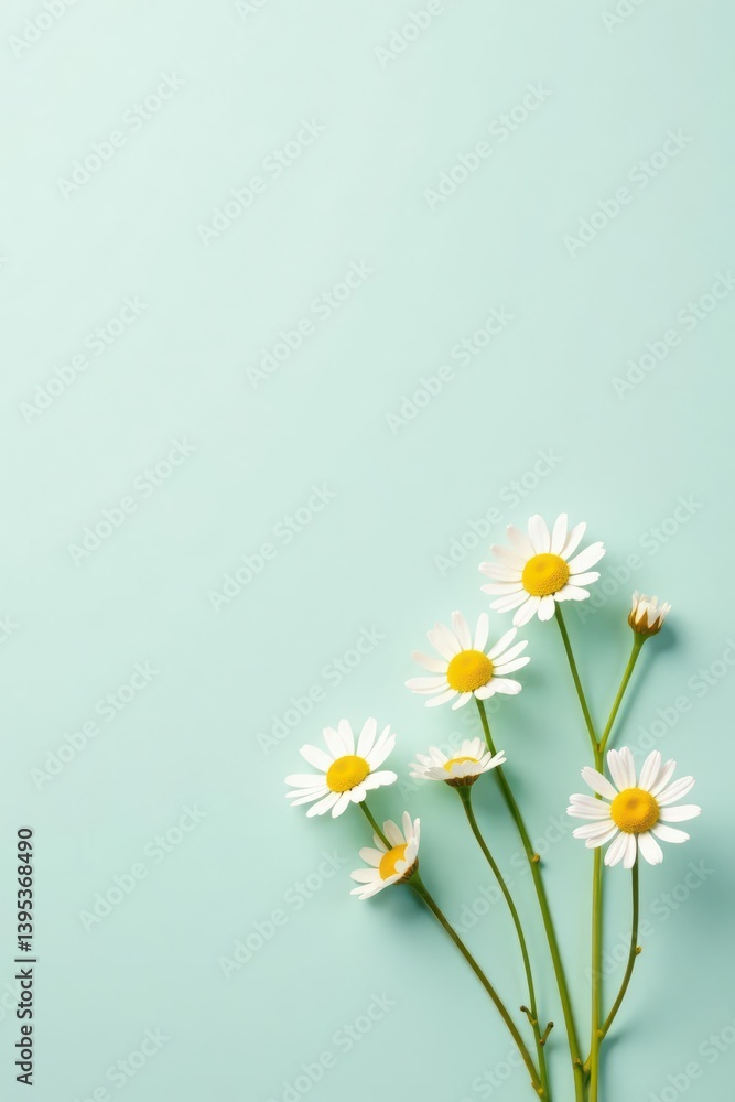 Obraz premium Serene White Daisies Arranged on a Pale Green Background, a Peaceful and Simple Floral Composition Perfect for Springtime Designs or Greeting Cards